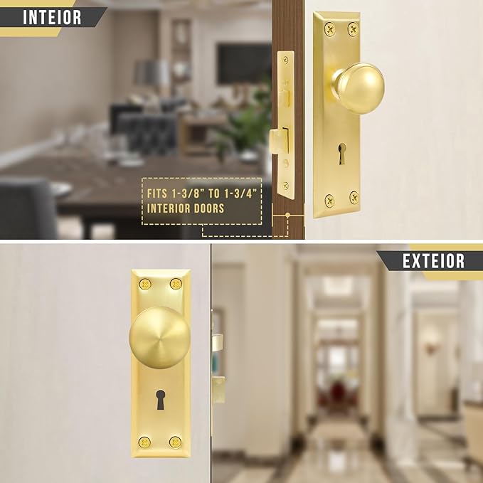 Vintage Door Knob with Lock for Interior Doors Polished Gold, Antique Brass 1 Pack Mortise Lock Set, Old Fashioned Bathroom & Bedroom with Skeleton Key for Old House Doors