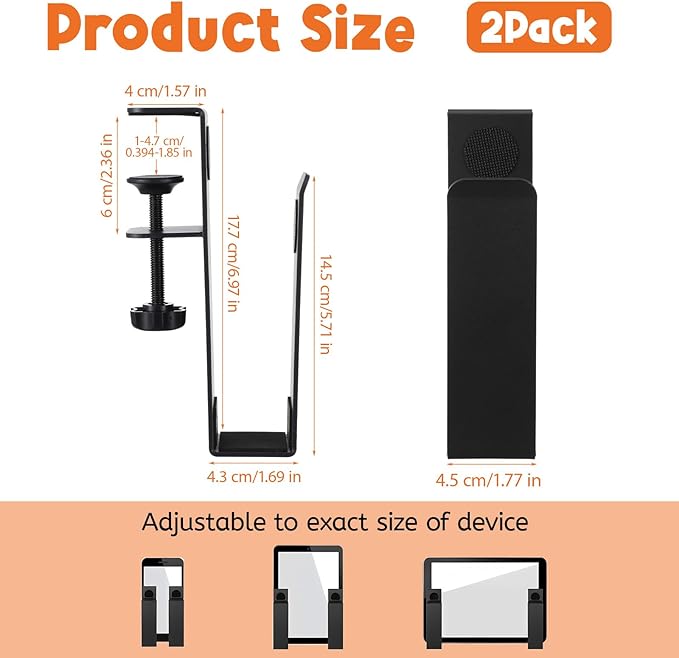 2 Pack Adjustable Desk Side Laptop Holder, Heavy-Duty Metal Desk Side Storage, Hanging Organizer with Tool-Free Clamp (6.97"x1.77", Black)