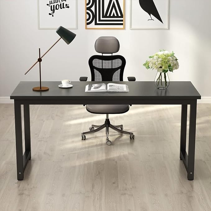 Tribesigns Modern Computer Desk, 63 inch Large Office Desk Computer Table Study Writing Desk Workstation for Home Office, Black Metal Frame