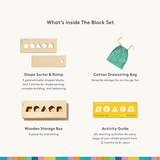 LOVEVERY | The Block Set | Solid Wood Building Blocks and Shapes + Wooden Storage Box, 70 Pieces, 18 Colors, 20+ Activities, Toddler Block Set and Converts into a Pull Car, Ages 12 to 48+ months