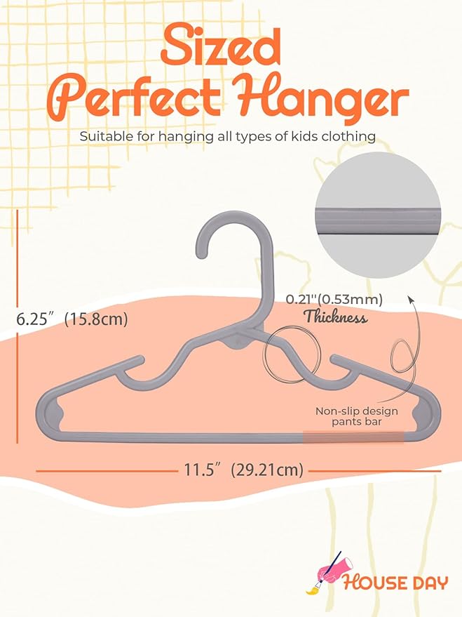 HOUSE DAY Kids Plastic Hangers for Closet, Childrens Hangers for Clothes & Baby Hangers, Toddler, and Child Clothes - Clothing, Pants, Coats, and More - Ideal for Everyday Use (Grey, 120 Pack)