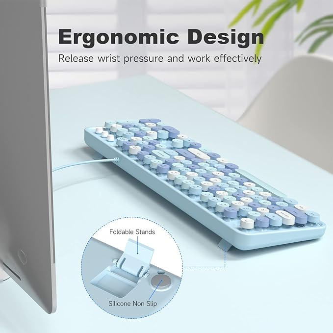 Computer Keyboard Wired, Plug Play USB Retro Round Typewriter Keyboard, Full Size Wired Keyboard with Foldable Stands for Laptop and Office PC - Blue Colorful