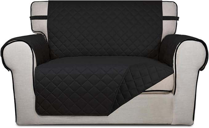 PureFit Reversible Quilted Sofa Cover, Water Resistant Slipcover Furniture Protector, Washable Couch Cover with Non Slip and Elastic Straps for Kids, Dogs, Pets (Oversized Chair, Black/Black)