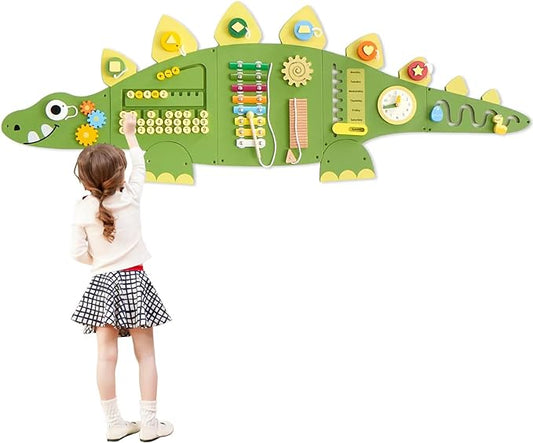 Beright Dinosaur Activity Wall Busy Board Panels, Montessori Sensory Toys, Toddler Learning Activity Center, Perfect for Toddler Playroom & Children's Daycare, Green