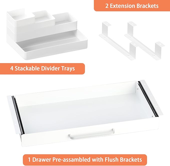 OSteed Under Desk Drawer White 21" with 4 Divider Trays, Under Shelf Pencil Drawer Pull-out, Standing Desk Metal Storage Attachment Slide Out for Workbench