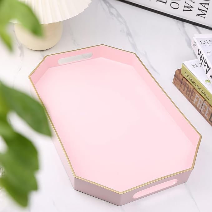 Omuriko Pink Decorative Tray with Handles, Versatile Serving Tray for Coffee Table, Ottoman, Ideal for Serving, Displaying, Organizing, 15.7"*10.2"*1.57"