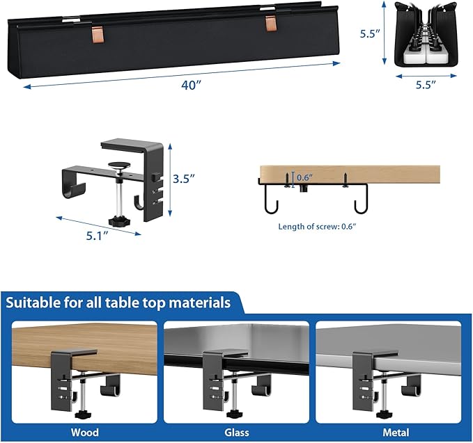 Zilink No Drill Under Desk Cable Management Tray 40" Cord Organizer for Table Clamp/Screw Mount Cable Management Under Desk Waterproof Fabric Cable Management Tray for Office, Home