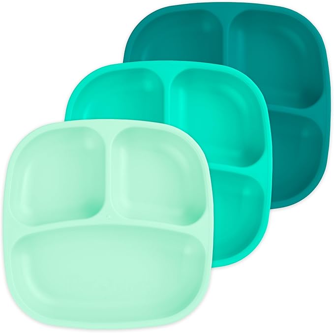 Re-Play Made in USA 7" Deep Walled Divided Plates for Kids, Set of 3 - Reusable 3 Compartment Plates, Dishwasher and Microwave Safe - 7.37" x 7.37" x 1.25", Sea Glass