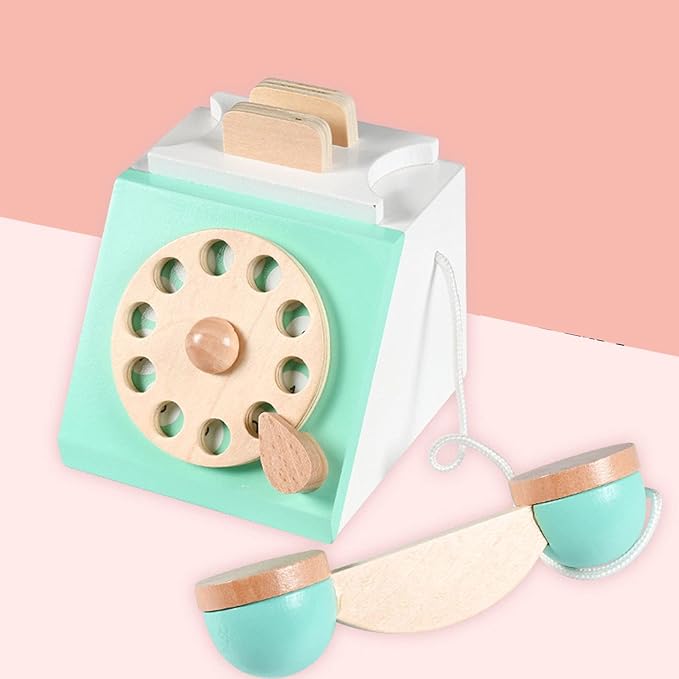 Classic Wooden Telephone, Realistic Vintage Dial Telephone Playset Pretend Play Montessori Interactive for Age 3Y and Up