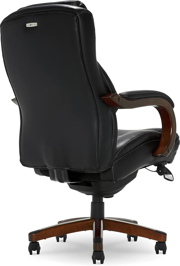 La-Z-Boy Delano Big & Tall Executive Office Chair, High Back Ergonomic Lumbar Support, Bonded Leather, Black with Mahogany Wood Finish