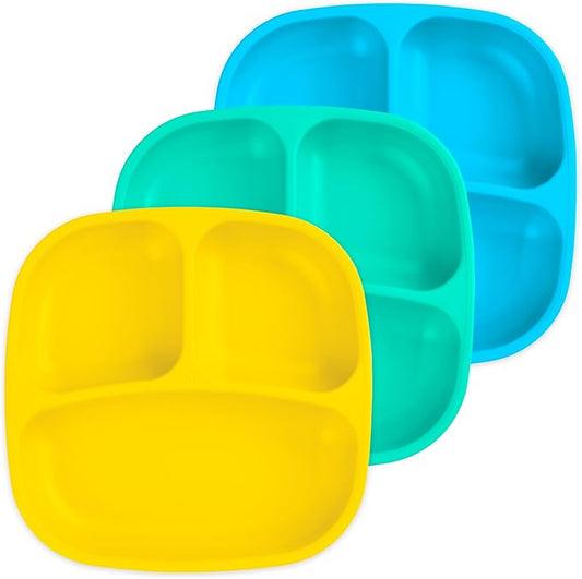 Re-Play Made in USA 7" Deep Walled Divided Plates for Kids, Set of 3 - Reusable 3 Compartment Plates, Dishwasher and Microwave Safe - 7.37" x 7.37" x 1.25", Surf