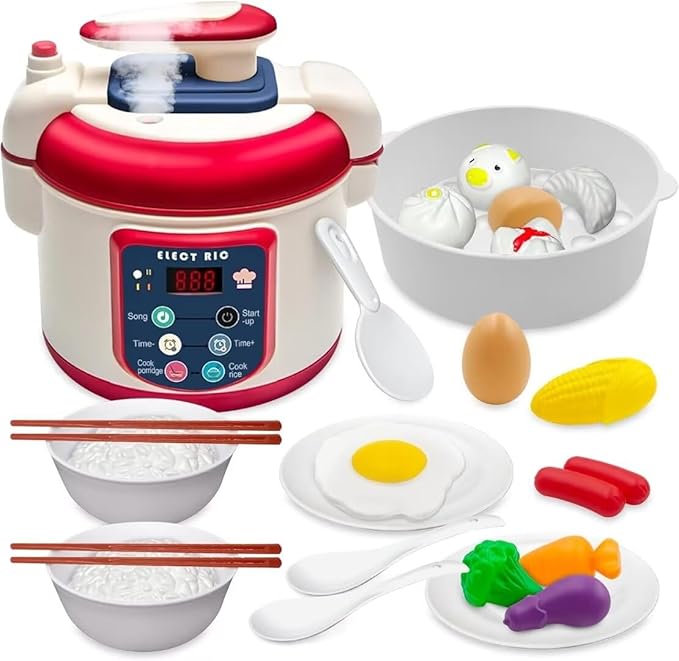 25PCS Kids Kitchen Pretend Play Toys, Mini Electronic Rice Cooker Toys, Cooking Toys with Music Steam Effect, Cookware Kits Kitchen Playset Food Accessories for Toddlers Boys Girls