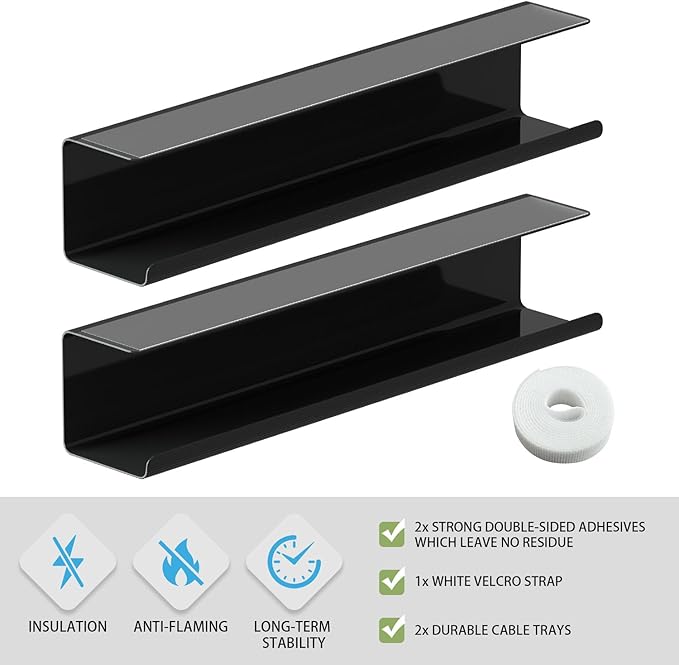 2 Pack No-Screw Cable Management Under Desk, Self-Adhesive Cord Organizer, Wire Management Tray for Office and Home (Black)