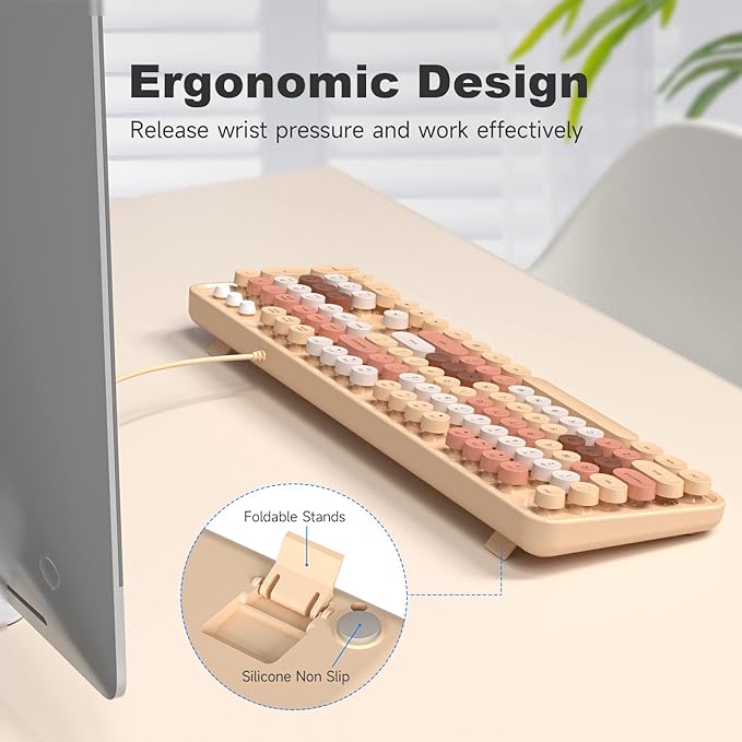 Computer Keyboard Wired, Plug Play USB Retro Round Typewriter Keyboard, Full Size Wired Keyboard with Foldable Stands for Laptop and Office PC- Milk Tea Colorful
