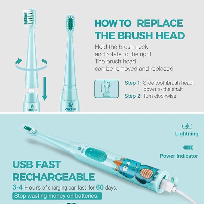 Vekkia Sonic Rechargeable Kids Electric Toothbrush, 3 Modes with Memory, Fun & Easy Cleaning, 24000 Strokes, IPX7 Waterproof, 2-Min Timer for Age 5+, 4 Soft Bristles(Blue)