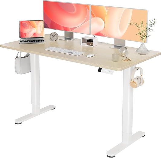 YDN Electric Standing Desk Adjustable Height, 55 x 24 Inches Stand up Desk with Cable Management, Home Office Desks with Splice Board & White Frame, Nature Top