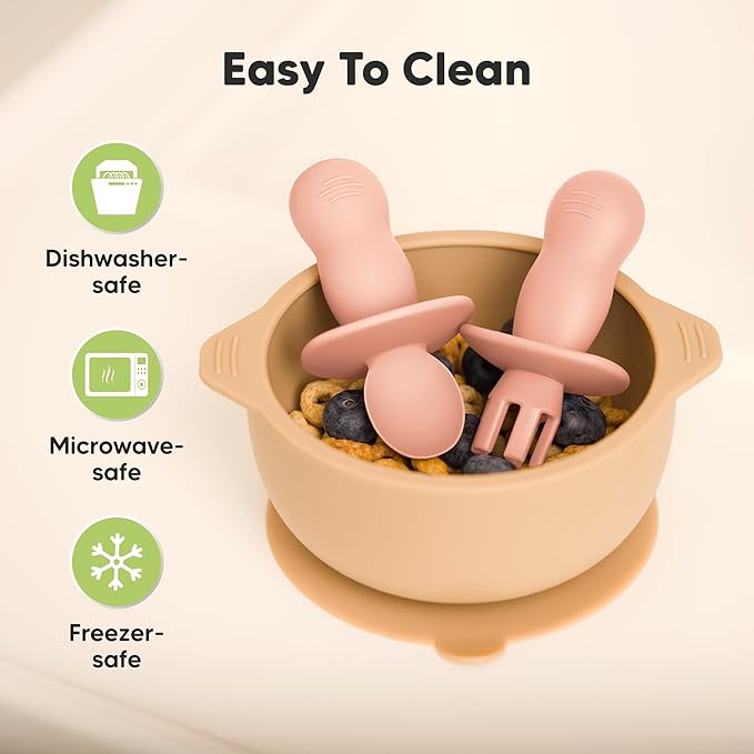 KeaBabies 4-Pack Silicone Baby Spoons and Forks Set - Baby Spoon Self Feeding, BLW Baby Utensils 6-12 Months, Baby Led Weaning Feeding Spoon,Teething Infant Baby First Food Training Pre Spoon (Mellow)