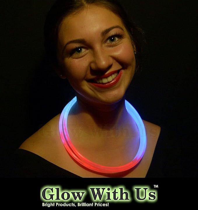 Glow Sticks Bulk Wholesale Necklaces, 100 22” Red-White-Blue Glow Stick Necklaces, Bright Colors, Glow 8-12 Hrs, Connector Pre-Attached, Sturdy Packaging, GlowWithUs Brand