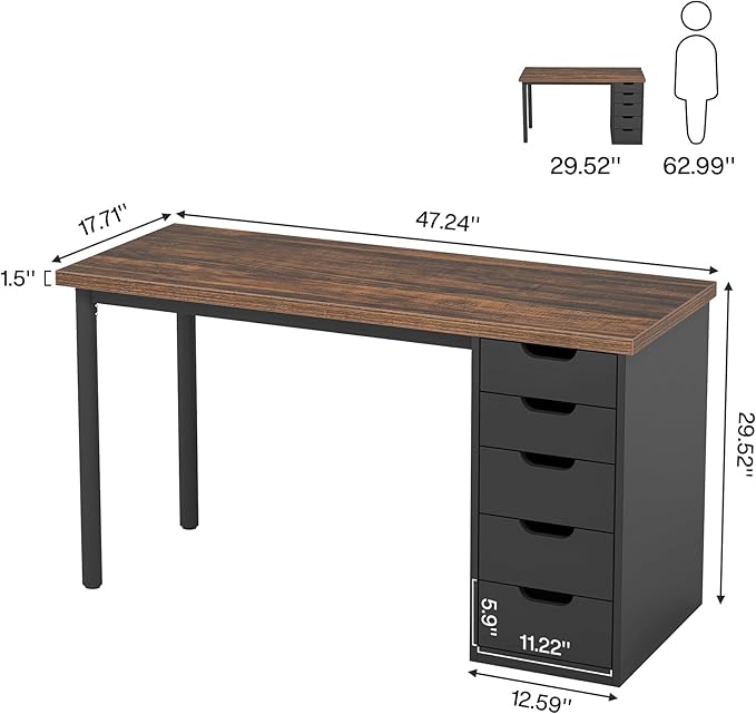 Tribesigns Computer Desk with 5 Drawers, 47 inches Rustic Brown Home Office Desk with Storage, Modern Simple Laptop Desk Study Writing Table for Small Spaces (1, Brown+Black)