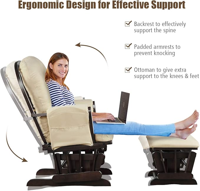 Costzon Nursery Glider with Ottoman, Upholstered Comfort Glider Rocker with Padded Cushion, Storage Pocket, Solid Wood Base, Rocking Chair Nursery for Breastfeeding, Maternity, Napping (Beige)