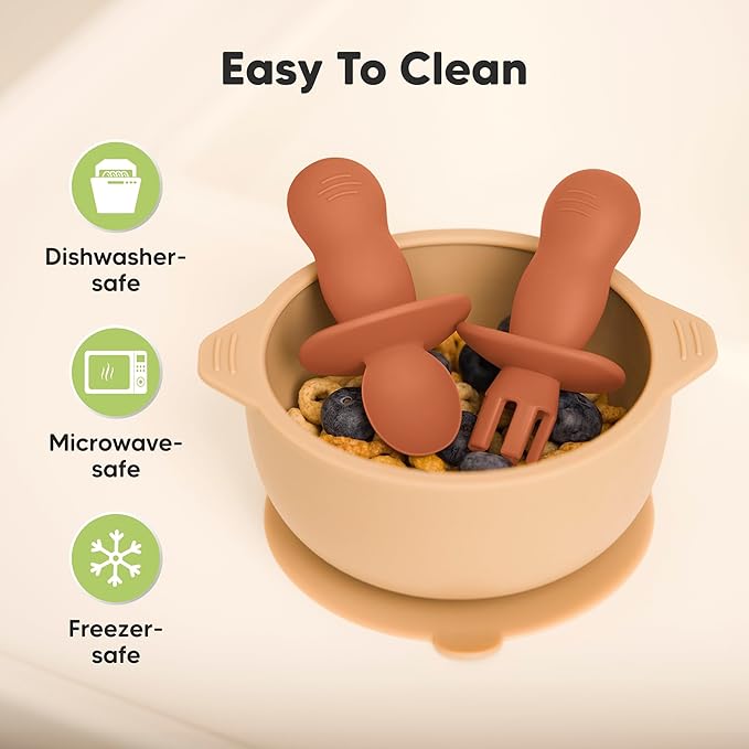 KeaBabies 4-Pack Silicone Baby Spoons and Forks Set - Baby Spoon Self Feeding, BLW Baby Utensils 6-12 Months, Baby Led Weaning Feeding Spoon,Teething Infant Baby First Food Training Spoon (Terracotta)