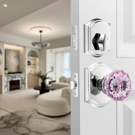 CLCTK Pink Crystal Glass Passage Door Knob and Single Cylinder Deadbolt Combo Set, Polished Chrome Finish