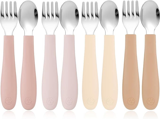 CoixFoam 8 Pieces Toddler Utensils, Toddler Safe Silverware Set With Food Grade Silicone Hanlde, 18/8 Stainless Steel, Perfect Length For New Self Feeders, Dishwasher Safe