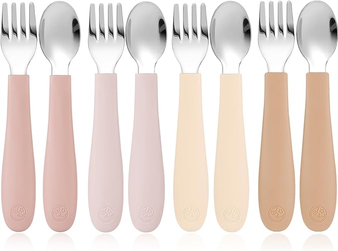 CoixFoam 8 Pieces Toddler Utensils, Toddler Safe Silverware Set With Food Grade Silicone Hanlde, 18/8 Stainless Steel, Perfect Length For New Self Feeders, Dishwasher Safe