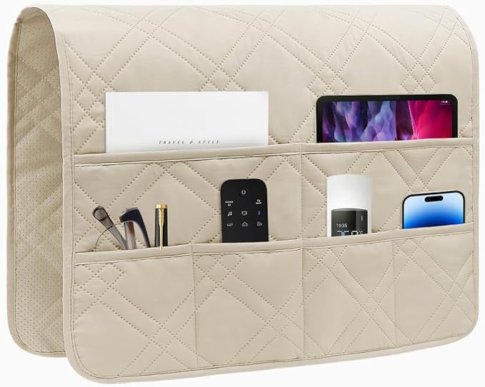 Couch Armrest Organizer Remote Control Holder Bedside Caddy with 6 Pockets, Non-Slip Armchair Caddy Sofa Armrest Organizer for Tv Remote Control, Magazine, Cell Phone, Beige