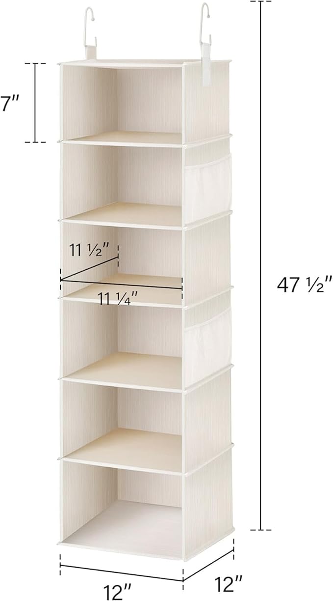 StorageWorks 6-Shelf Hanging Closet Organizer, Hanging Shelves for Closet, Fabric, Mixing of Beige, White & Ivory, 12" D x 12" W x 47 1⁄2" H