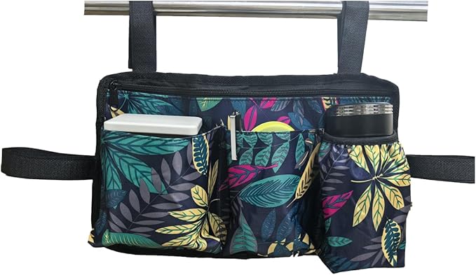 Wheelchair Side Bag with Cup Holder, Wheelchair Armrest Pouch Accessories for Walker, Rollator, Electric Scooter Wheelchairs (Maple Leaves, 13.8X8 Inch)