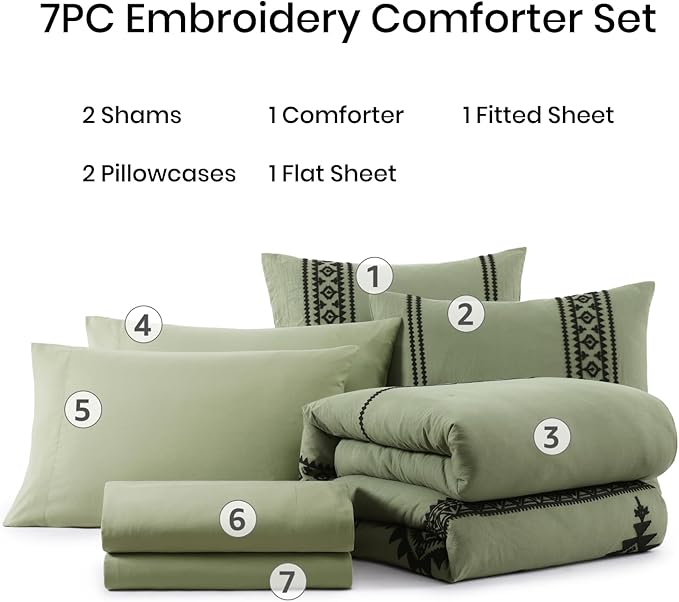 MaiRêve Embroidery Comforter Sets Full Size, Light Olive Green Western Boho Bedding Set 7 Pieces, Farmhouse All Season Bed in A Bag Comforter Set with Sheets, Pillowcases & Shams