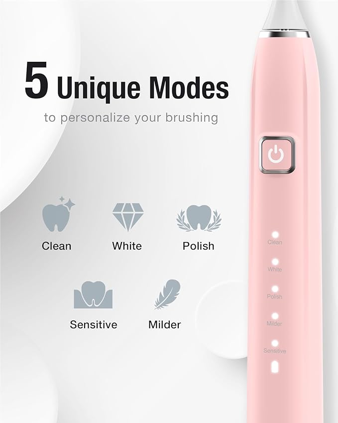 7AM2M Sonic Electric Toothbrush with 6 Brush Heads for Adults&Kids, One Charge for 120 Days, Wireless Fast Charge, 5 Modes, 40000VPM Powered Toothbrush, 2 Minutes Built in Smart Timer (Pink)