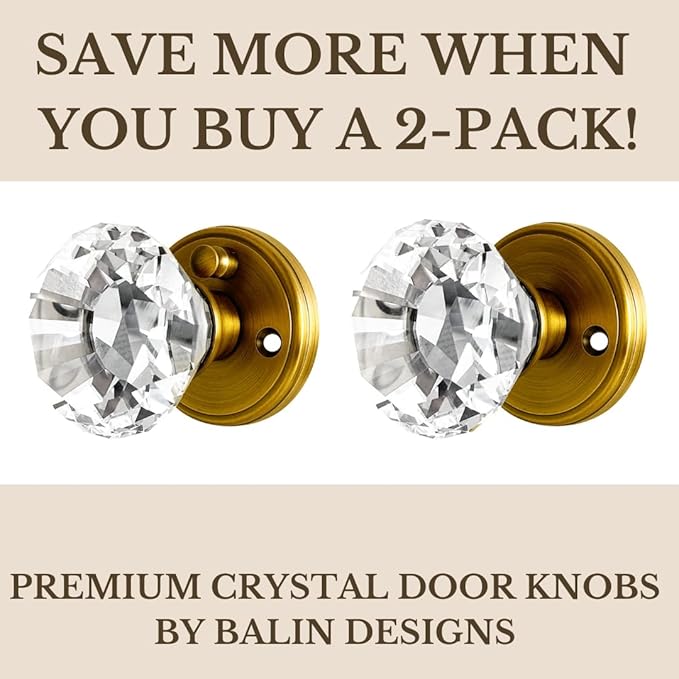 Gold Crystal Door Knobs with Lock, Glass Door Knobs Interior Privacy Set, Brass Vintage Decorative Antique Style Handle for Bedroom, Bathroom, Closet, 2 Pack