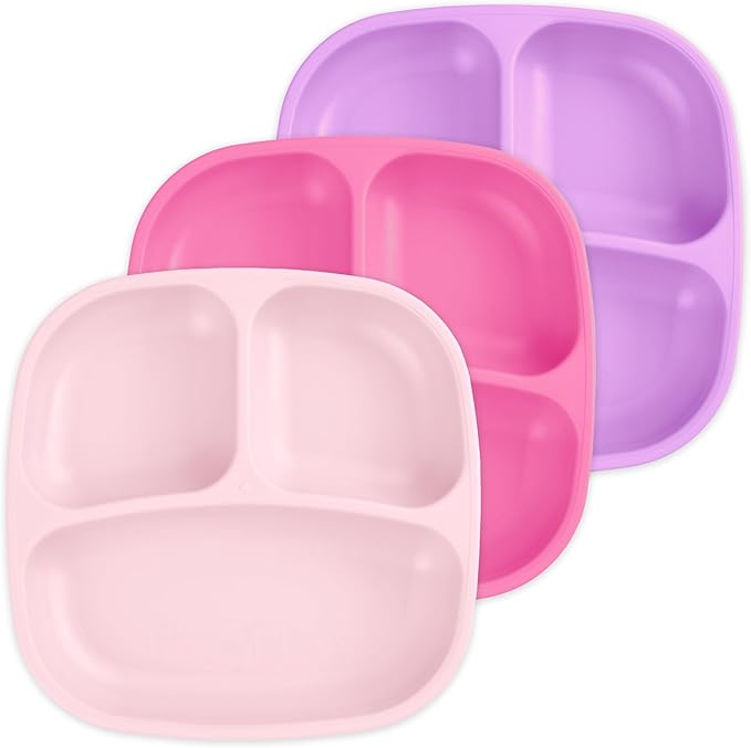 Re-Play Made in USA 7" Deep Walled Divided Plates for Kids, Set of 3 - Reusable 3 Compartment Plates, Dishwasher and Microwave Safe - 7.37" x 7.37" x 1.25", Princess