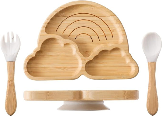 let's make Marble Plate Set, 4 Pieces Bamboo Suction Place Setting for Baby-Led Weaning Feeding Set, Rainbow Design