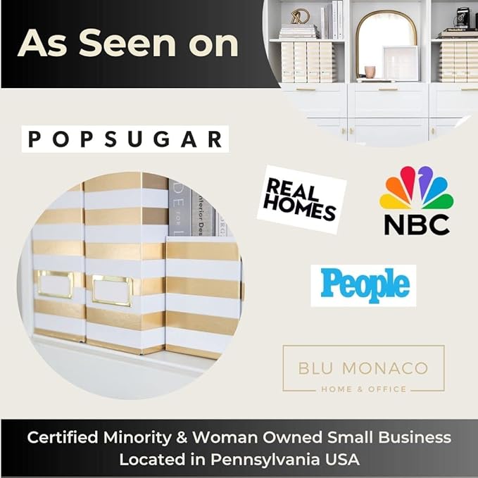 BLU MONACO Set of 4 Gold & White Striped Magazine File Boxes | Foldable Cardboard File Organizer Boxes with Gold Label Holders | Stylish Desk Organizer for Home Office and Classroom