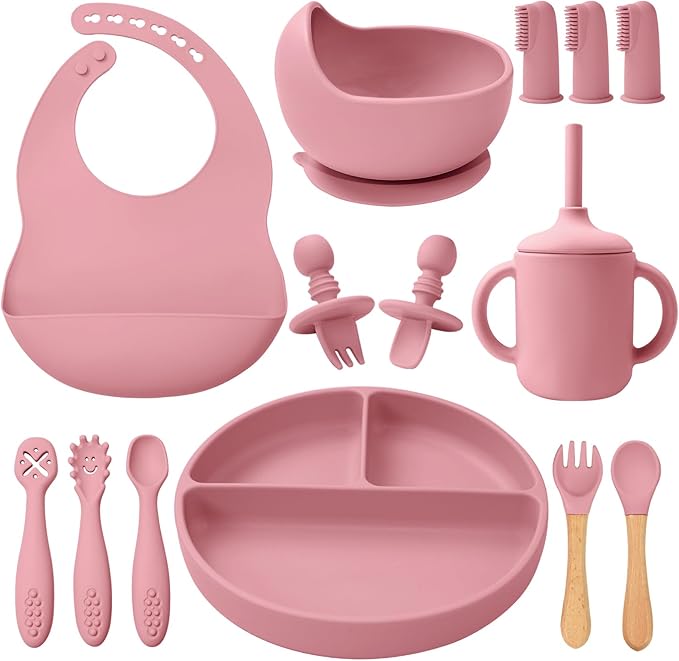 Silicone Baby Feeding Set 14 Pcs,Baby Led Weaning Supplies, Baby Spoons Suction Bowl Divided Plate Bib Cup Finger Brush,First Stage Solid Food Eating Utensils - 6+ Months(Deep Red)