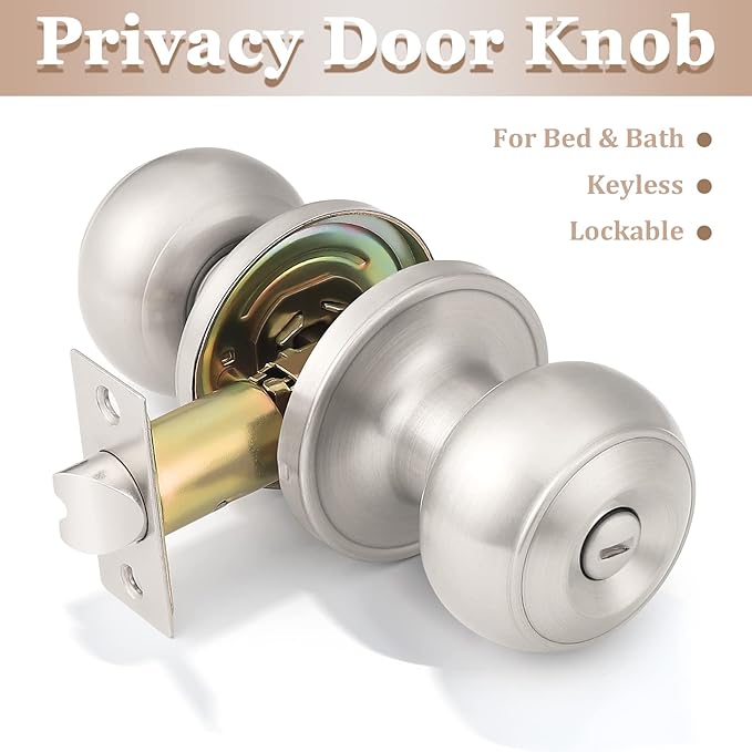 Probrico 3 Pack Round Privacy Door Knob(Thumb Turn Lock on The Inside), Keyless Doorknobs Interior/Exterior Lockset,Privacy Knobs for Bedroom/Bathroom,Satin Nickel Modern Design Door Hardware