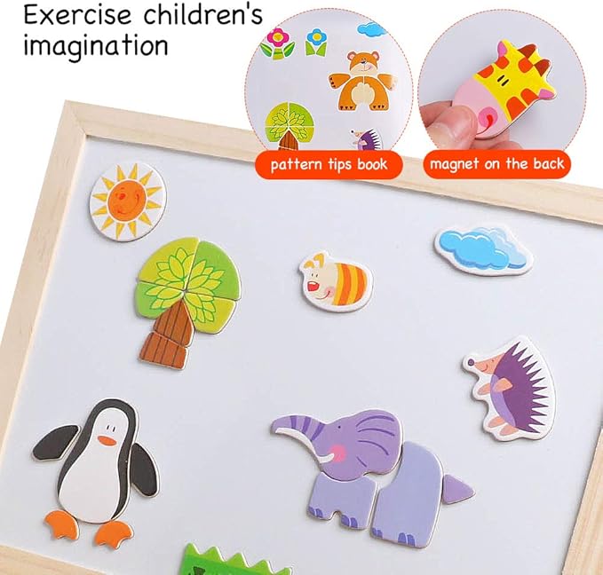 Skrtuan Educational Wooden Toys for Kids Toddlers Magnetic Puzzles Wooden Art Easel Double Side Learning Games Montessori Puzzle STEM Gift for Boys Girls Children
