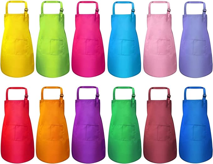 12Pcs Kids Chef Aprons Bulk, Child Aprons Art Aprons Set, Adjustable Children Chef Aprons with 2 Pockets for Boys Girls Cooking Painting, 12 Color(L for 7-13 Age)