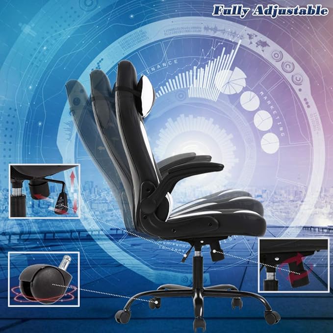 BestOffice PC Gaming Chair Ergonomic Office Chair Desk Chair with Lumbar Support Flip Up Arms Headrest PU Leather Executive High Back Computer Chair for Adults Women Men (White)