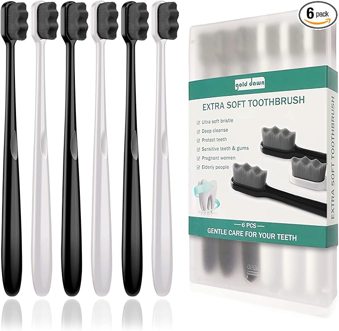 GoldDawn Extra Soft Toothbrush for Sensitive Teeth and Gums， Micro Fur Manual Toothbrush with 20000 Ultra Soft Bristle, Excellent Cleaning Effect， Perfect for Adults & Kids (6 Pack Gray Bristles)