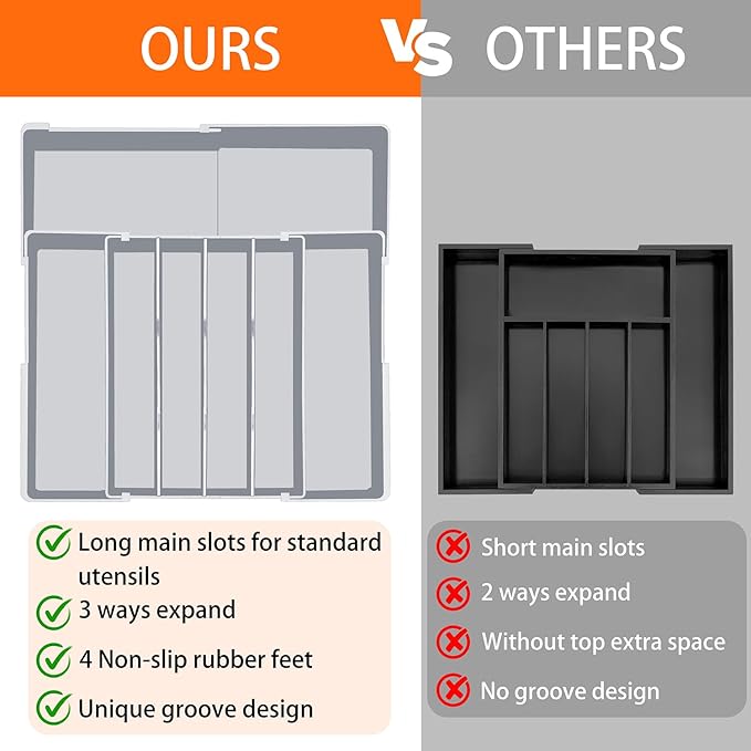 Spaclear Silverware Organizer for drawer - Adjustable Kitchen Drawer Organizer Utensil Drawer Organizer, Expandable Silverware Tray for Drawer Utensil Organizer for Forks, Knives, Grey