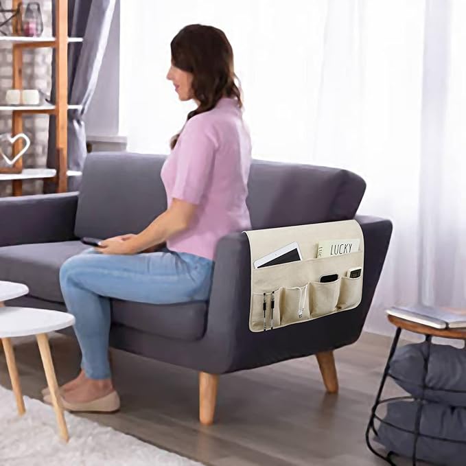 NB Sofa Armrest Organize remote holder bedside caddy organizer with 5 pockets，non-slip couch remote control holder couch armchair caddy accessories (Beige, 35''x18'')