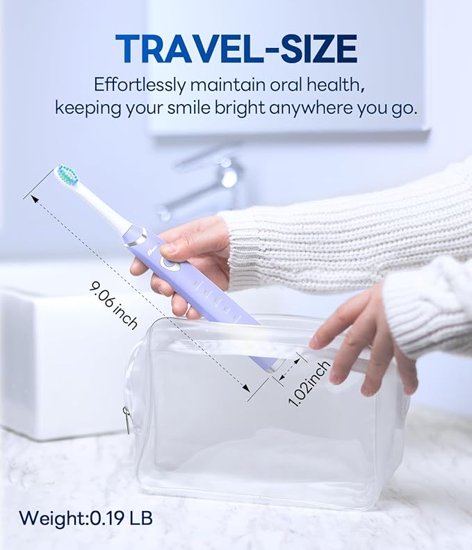 Bymore Electric Toothbrush for Adults,Travel Sonic Toothbrush with 8 Replacement Heads, Ultra Clean Rechargeable Toothbrush Portable One Charge for 330days 5 Modes 2mins Timer-Purple