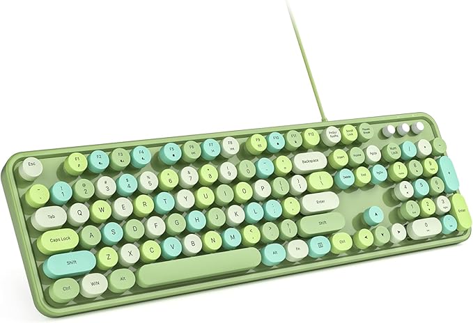 Computer Keyboard Wired, Plug Play USB Retro Round Typewriter Keyboard, Full Size Wired Keyboard with Foldable Stands for Laptop and Office PC - Green Colorful