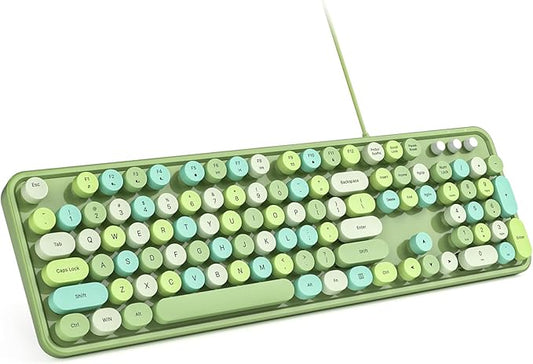 Computer Keyboard Wired, Plug Play USB Retro Round Typewriter Keyboard, Full Size Wired Keyboard with Foldable Stands for Laptop and Office PC - Green Colorful