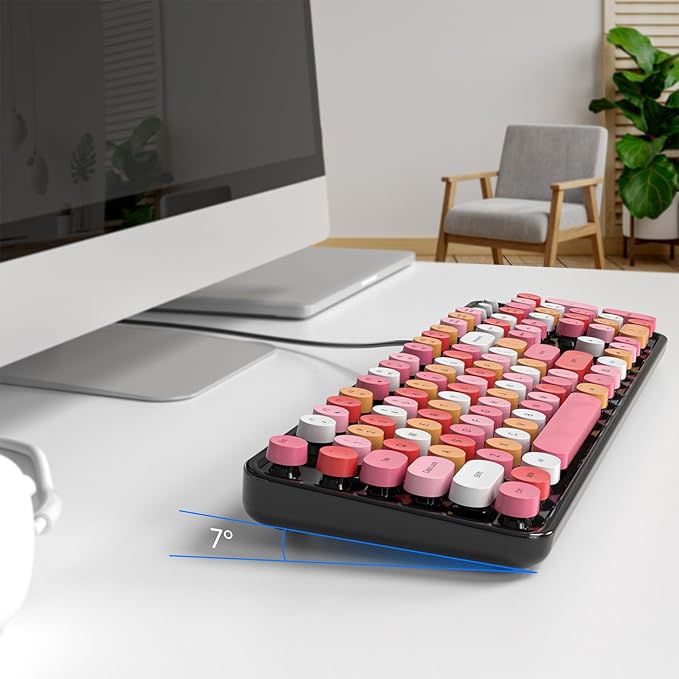 Computer Keyboard Wired, Plug and Play USB Retro Round Typewriter Keyboard, Full Size Wired Keyboard with Foldable Stands for Laptop and Office PC- Black Colorful