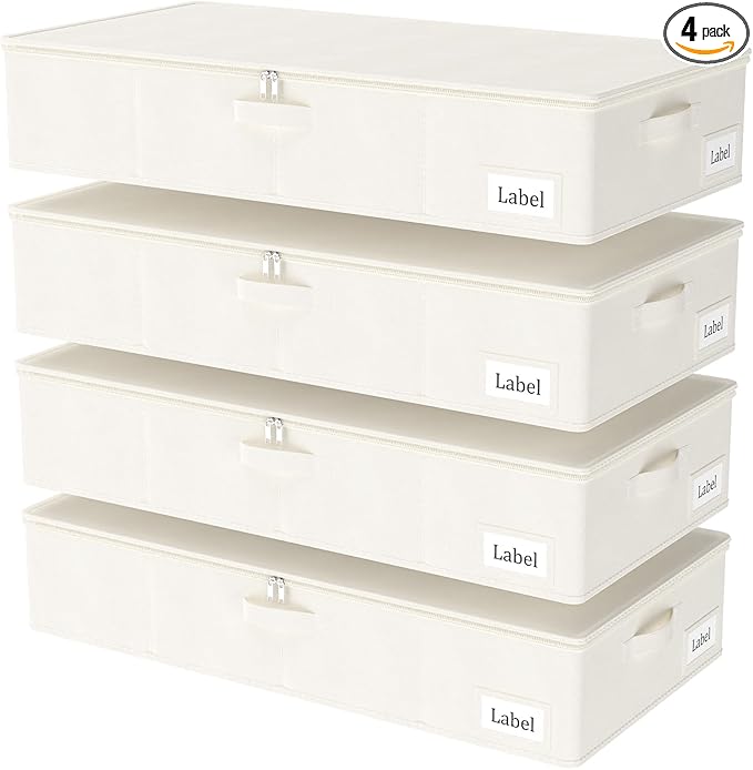 Yawinhe Foldable Underbed Storage Bags, Containers Bin with Lids, Large Under Bed Organizer Box, with Sturdy Zipper und Label Holders, for Clothing, 31.5''Lx15.7''Wx6''H, 4 Pack, Beige